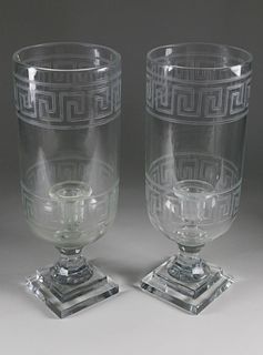 Pair of Etched Glass Greek Key Photophores
