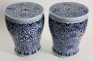 Pair of Chinese Blue and White Decorated Garden Stools, 20th Century