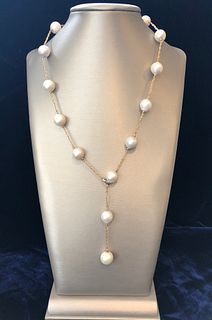 14k Yellow Gold White Fresh Water Pearl Lariat Necklace