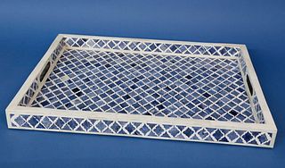 Geometric Inlaid Blue and White Bone Two-Handle Serving Tray