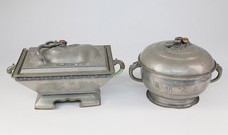 Two Chinese Hardstone-mounted Pewter Covered Serving Dishes, late 19th/early 20th century