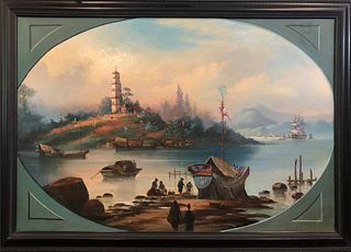 Michael Matthews China Trade Style Oil on Canvas "9-Stage Pagoda at Whampoa Anchorage"