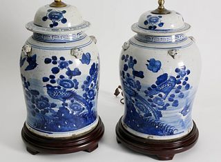 Pair of Chinese Blue and White Porcelain Temple Covered Jars, 20th Century