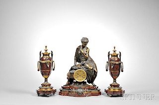 Pandora Patinated Bronze Figural Mantel Clock and Garniture