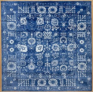 Hand Knotted Blue and White Wool and Silk Tabriz Carpet