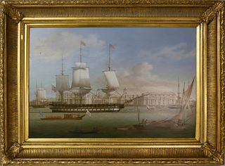 Louis Dodd Oil on Panel "American Warship on the Thames Passing Greenwich"