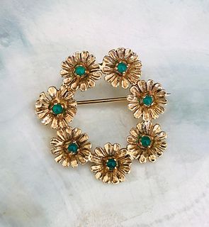14K Yellow Gold Cabochon Emerald Flower Circular Pin
