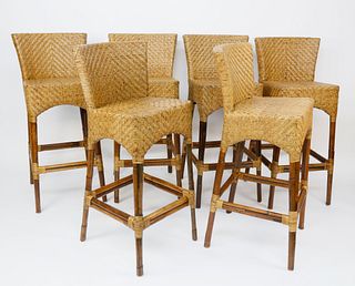Six Contemporary Bamboo and Rattan Barstools