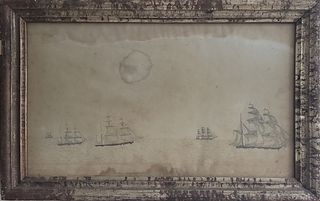 19th Century Pencil Drawing of 6 Ships on the Open Sea