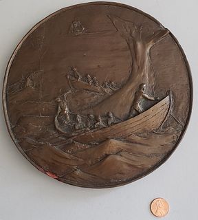 Vintage Bronze Relief Whaling Scene Plaque