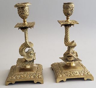 Pair of Antique Brass Sea Serpent Candlesticks
