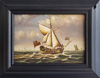 Miniature English Oil on Board of a Gunboat, Contemporary