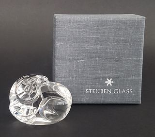 Signed Steuben Clear Crystal Figural Ram Paperweight Hand Cooler