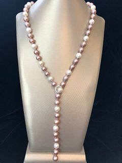 Fine 11mm White and Pink Cultured Pearl Diamond Lariat Necklace