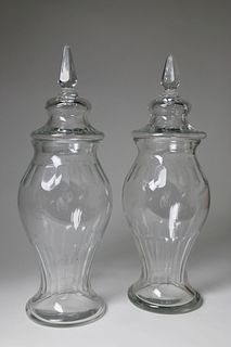 Pair of Clear Glass Covered Urns, 19th Century