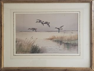 Roland Green Watercolor on Paper, "Four Mallard Over The Broads"