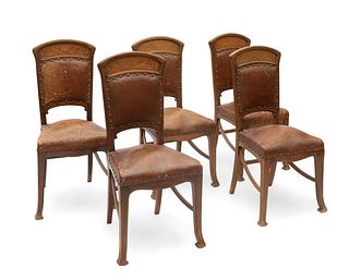 Set of five Art Nouveau chairs, ca.1900. 
Wood, marquetry and leather.