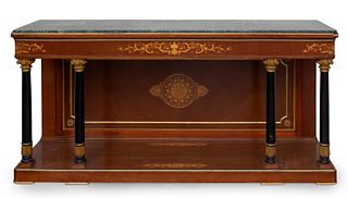 Empire style console, mid-20th century. 
Satin wood, gilded, ebonized and sober marble.