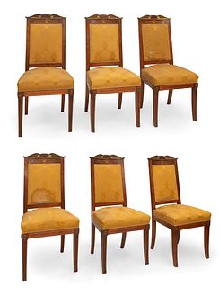 Set of six Empire Style chairs. Spain, mid-20th century. 
Mahogany and marquetry.