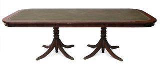 Spanish meeting table, ca.1950. 
Stained beech wood imitating mahogany and leather.