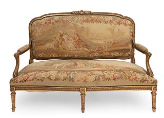 Pair of Louis XVI style armchairs. France, last third of the 19th century. 
Carved and gilded wood. Aubusson upholstery.