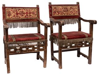 Fraileros chairs; Spain, 17th century. Carved wood. Later upholstery with embroidered elements from the 17th century on velvet from the 20th century.