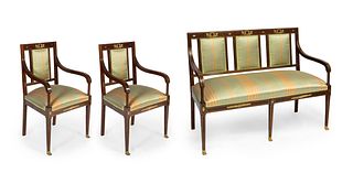 Empire style seating, late 19th century. 
Madeira of mahogany, brass and gilt bronze.