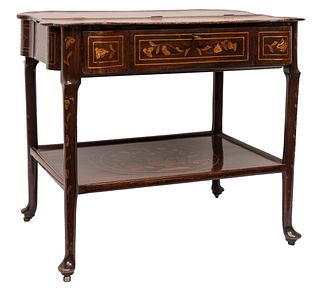Table; Holland, 19th century. 
Wood with fruit woods marquetry. 
It has a hinged lid.