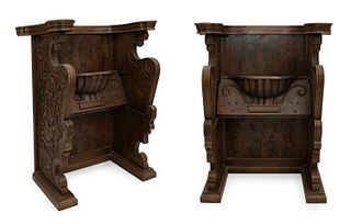 Pair of choir chairs following Renaissance models. Spain, late 19th century. 
Carved walnut wood.