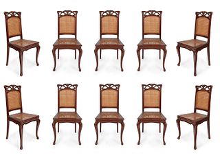 Set of ten modernist chairs. Spain, ca. 1900. 
Grid seats and backrests.