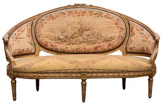Sofa; around 1900. Golden wood core, and seat with petit-pua, with tapestry backs.