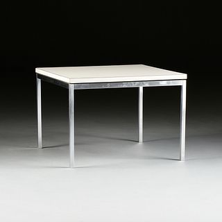A FLORENCE KNOLL WHITE LAMINATE AND BRUSHED STAINLESS STEEL SIDE TABLE, BY KNOLL ASSOCIATES, LABELED, THIRD QUARTER 20TH CENTURY,