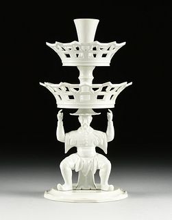 A VISTA ALEGRE CHINOISERIE STYLE TWO-TIERED WHITE PORCELAIN COMPOTE, MARKED, PORTUGUESE, MODERN,