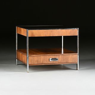 after MILO BAUGHMAN (American 1923 - 2003) A GLASS TOPPED CHROME AND WALNUT SIDE TABLE, 1960s,