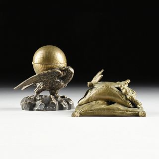 A GROUP OF TWO CONTINENTAL CAST BRONZE INKWELLS, POSSIBLY FRENCH, 19TH CENTURY, 