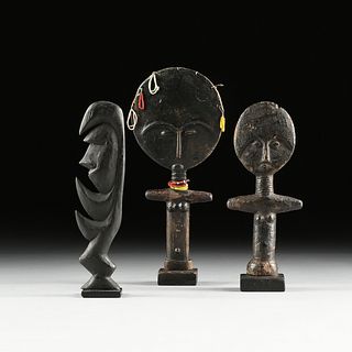 A GROUP OF THREE AFRICAN AND OCEANIC SCULPTURES, TWO ASANTE PEOPLES "KUA BA" FERTILITY FIGURES AND A PAPUAN HOOK FIGURE, GHANA AND NEW GUINEA, 20TH CE