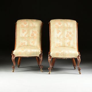 A PAIR OF VICTORIAN UPHOLSTERED ROSEWOOD TALL BACK SLIPPER CHAIRS, MID 19TH CENTURY,