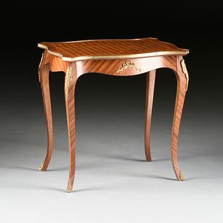 A LOUIS XV STYLE ORMOLU MOUNTED TULIPWOOD PARQUETRY INLAID SIDE TABLE, EARLY 20TH CENTURY,