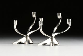 ROBERT H. RAMP (American 1920-2012) PAIR OF REED & BARTON SILVER-PLATED THREE-LIGHT CANDELABRA, "Contemporary Collection," MARKED, 1950, 