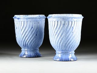 A PAIR OF NEOCLASSICAL STYLE PALE AND COBALT BLUE SLIP GLAZED TERRACOTTA JARDINIÃˆRES, POSSIBLY ITALIAN, MODERN,