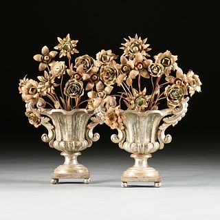 A PAIR OF ROCOCO STYLE SILVERED METAL FLOWER FILLED WOOD DEMI-URNS, ITALIAN, 20TH CENTURY,
