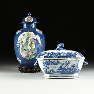 A SAMSON CHINESE STYLE BLEU SOUFFLE GROUND LIDDED GINGER JAR AND A CHINESE EXPORT BLUE/WHITE LIDDED TUREEN, 19TH/20TH CENTURY,