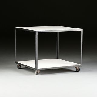 GEORGE NELSON (American 1908 -1986) A WHITE LAMINATE AND STEEL ROLLING TEA CART TABLE, "Steel Frame Group," FOR HERMAN MILLER, LABELED, 1950s,