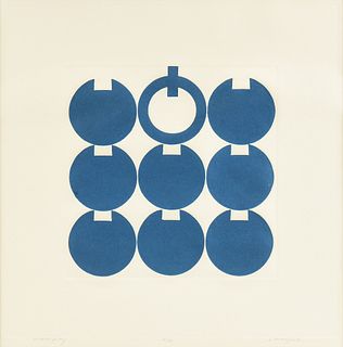 E. CRAWFORD (20th Century) A PRINT, "Minimalist Blue Circles," MID/LATE 20TH CENTURY,