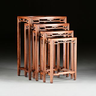 A SET OF FOUR CHINESE SILVER WIRE INLAID HARDWOOD NESTING TABLES, LATE 20TH CENTURY,