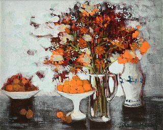 MICHEL HENRY (French 1928-2016) A PAINTING, "Still Life of Oranges, Pears and Flowers,"
