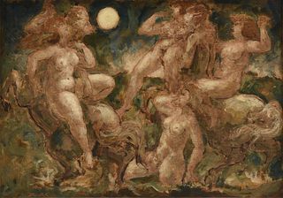 CHARLES EDWARD BURDICK (American 1924-2016) A PAINTING, "Nude Women and Centaurs In Moonlight,"