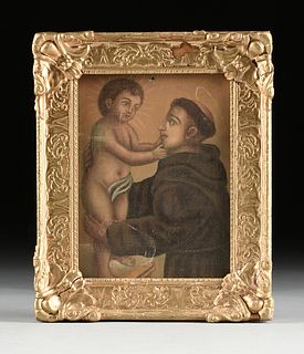 A MEXICAN COLONIAL STYLE RETABLO, "Saint Anthony and Infant Jesus," EARLY 20TH CENTURY,