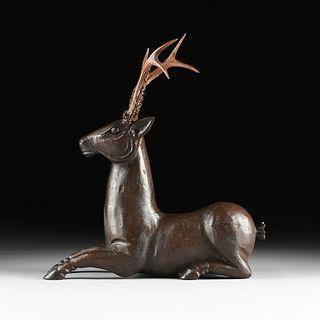 A  CONTINENTAL CARVED WOOD DEER WITH SIX POINT TROPHY ANTLERS, 20TH CENTURY,