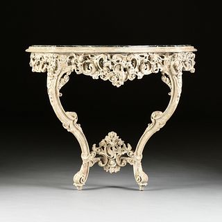A LOUIS XV STYLE FAUX MARBLE TOPPED AND PAINTED WOOD CONSOLE, POSSIBLY GERMAN/ITALIAN, CIRCA 1880s,